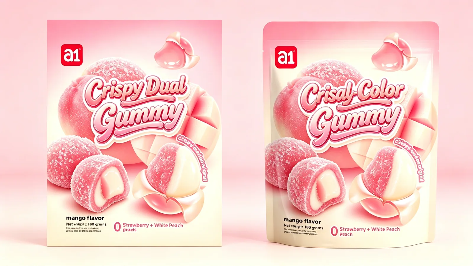 Gomme 4D croustillante bicolore — un format sans gélatine (agar-agar plus pectine) qui démontre la profondeur de formulation