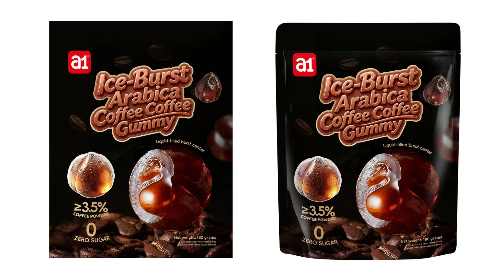 a1 Ice-Burst Arabica Coffee Coffee Gummy — design de pack torréfaction foncée avec grains de café et cœur liquide