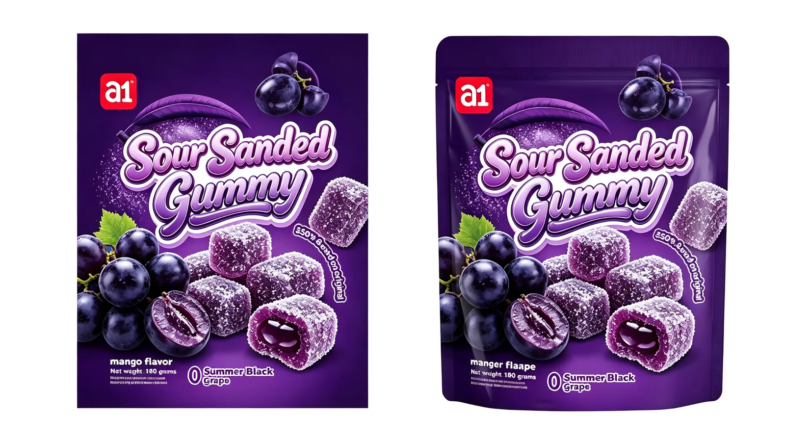 Gomme acidulée enrobée raisin noir d'été — gomme enrobée aux couleurs naturelles avec cœur de confiture