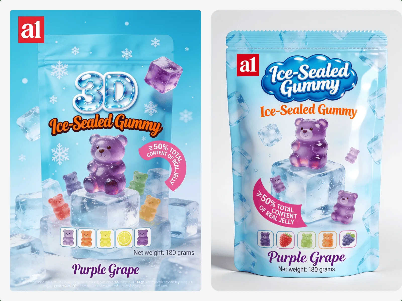a1 3D Ice-Sealed Gummy raisin violet — le type de SKU autour duquel se construit une première commande mixte