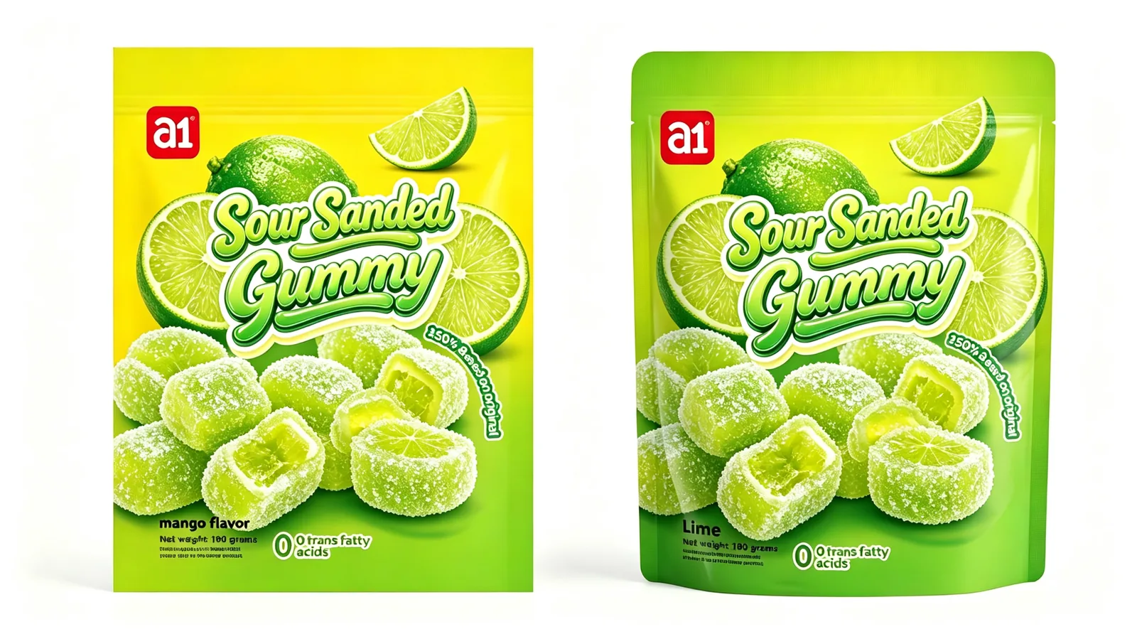 Gomme acidulée enrobée citron vert — une pièce ouverte montre le vrai cœur de confiture sous l'enrobage