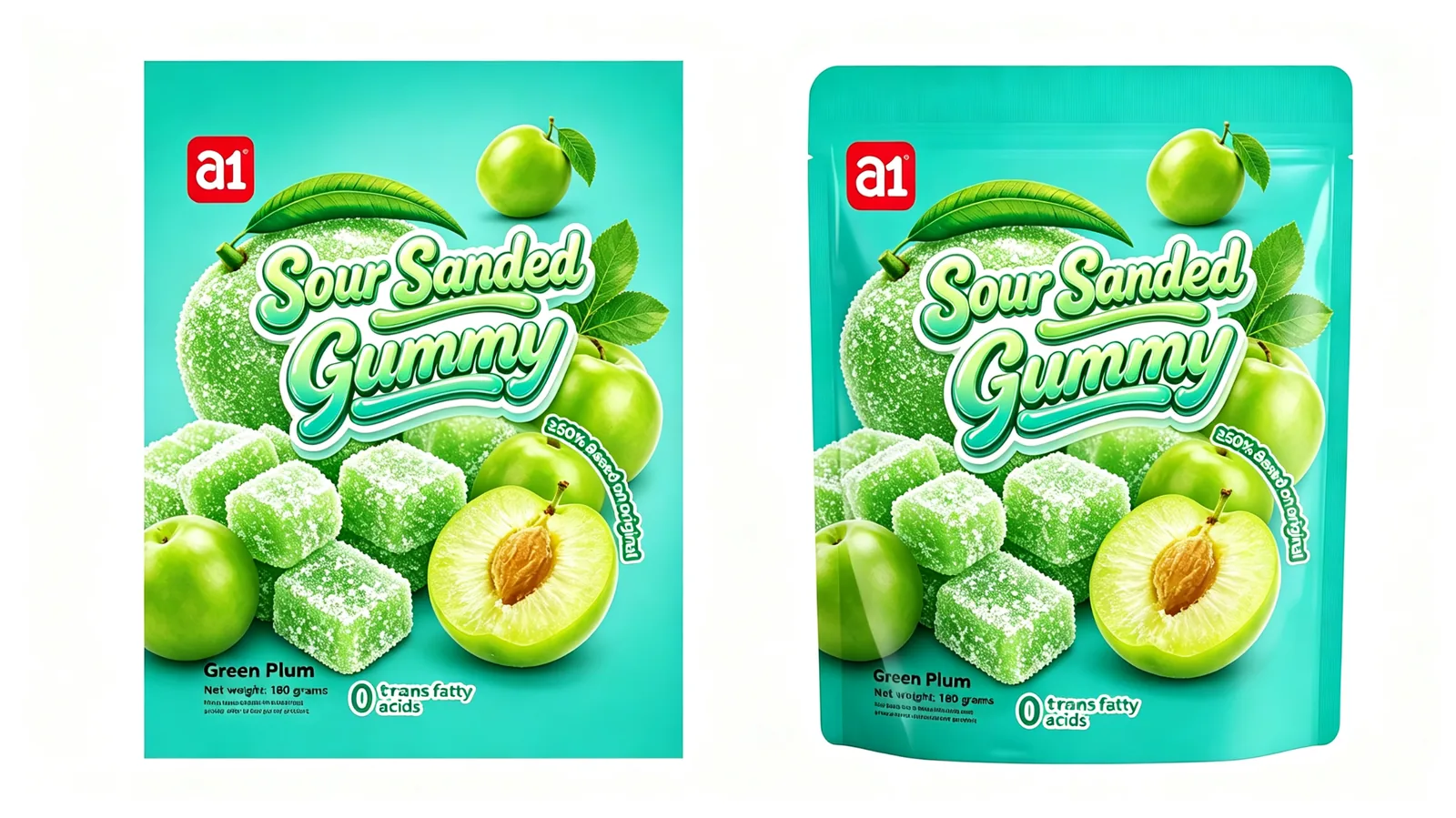 Gomme acidulée enrobée de sucre avec cœur au jus de fruit réel — un format qui démontre la maîtrise du remplissage et de l'enrobage
