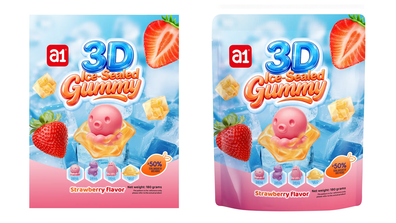 Sachet a1 3D Ice-Sealed Gummy fraise — format animal scellé thermorésistant pensé pour le transit tropical